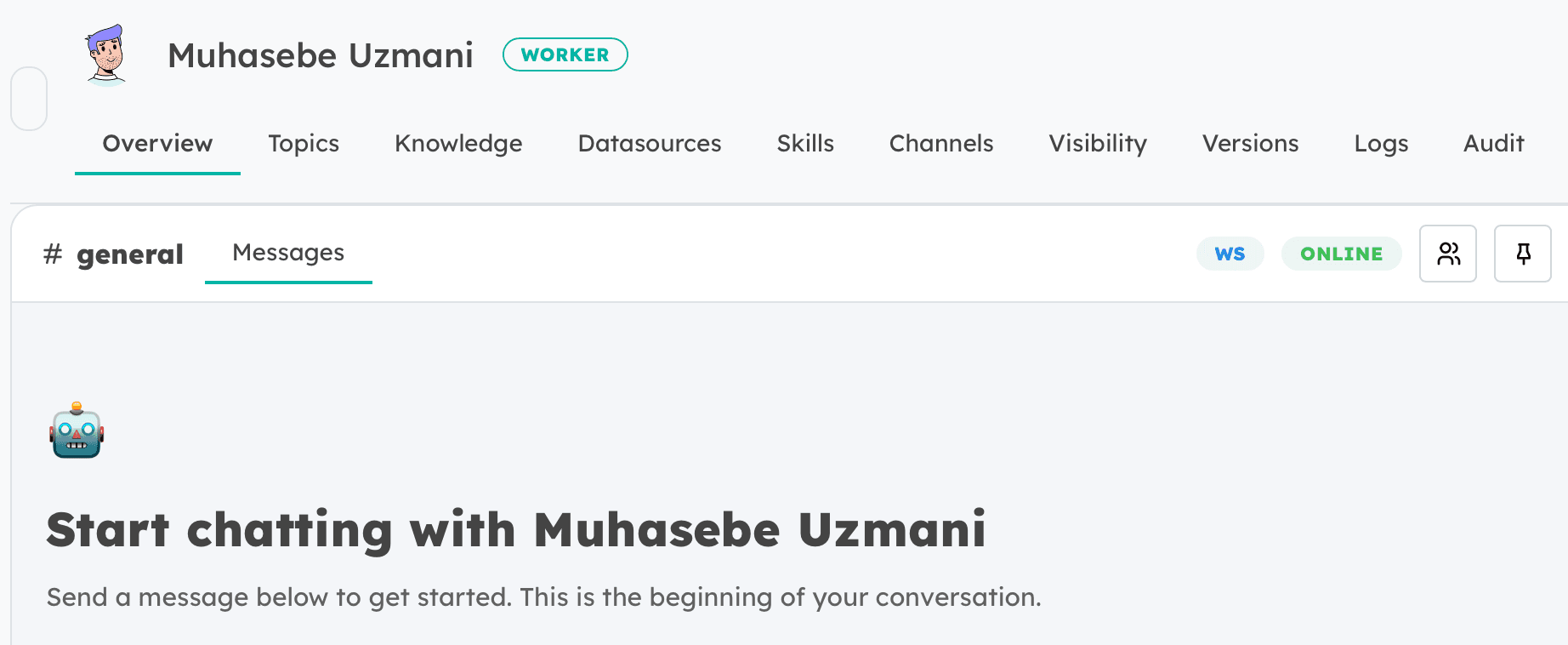 Worker overview — Topics / Knowledge / Skills / Channels / Versions / Logs / Audit tabları