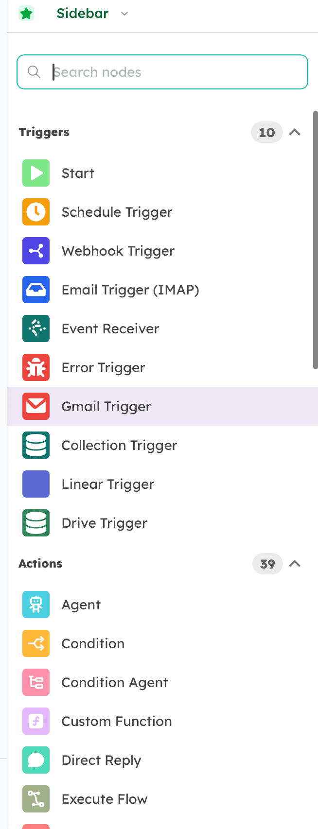 Triggers / Actions sidebar